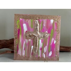 Gold Cross Wood Painting Pink Green Hand Painted Wall Art 5x5 Block Preppy Lilly